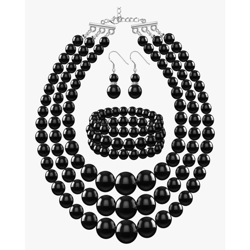 3 Layer Simulated Pearl Statement 18" Necklace Bracelet and Earrings